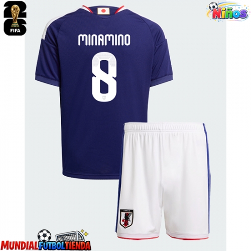 Camiseta Japón Takumi Minamino #8 Primera Equipación Replica Mundial 2026 para niños mangas cortas (+ Pantalones cortos)